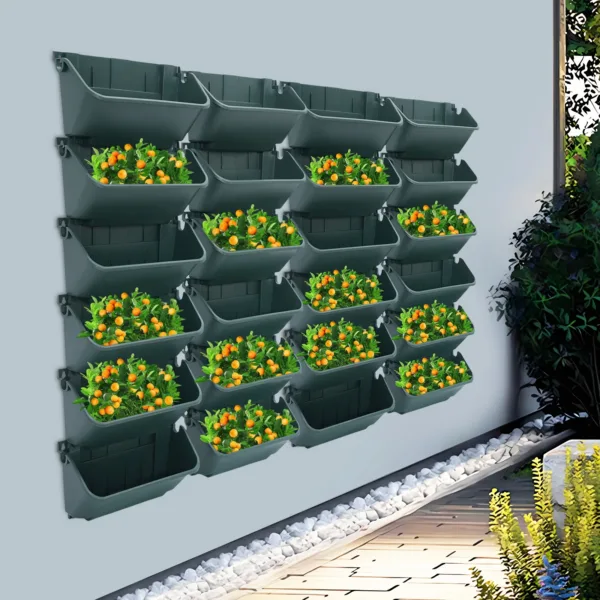 24 Pezzi Moderni Vasi Verticali da Giardino Verde Militare in PP, Fioriere da Parete per Interni ed Esterni, Capacità 3kg, Serbatoio Acqua 300ml