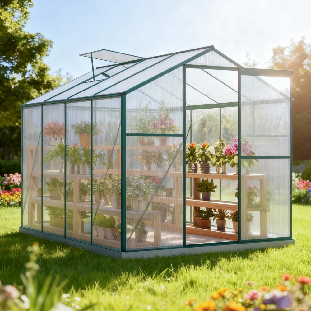 Sa163efb77fa24ba9a40881f61f8dd42fQ.webp Serra in alluminio con fondotinta 4,75 M2 - 190 × 253 cm Incl, lucernario e porta scorrevole, serra da giardino per piante