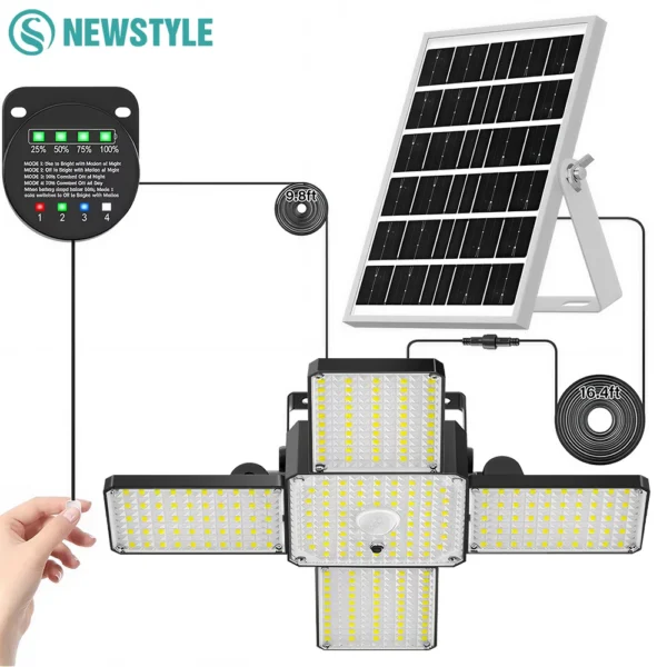 Lampada Solare a Sospensione LED per Interni ed Esterni con Sensore di Movimento, Indicatore Batteria, 268 LED, 4 Modalità di Illuminazione, IP65, Lampada Solare per Capanno e Garage