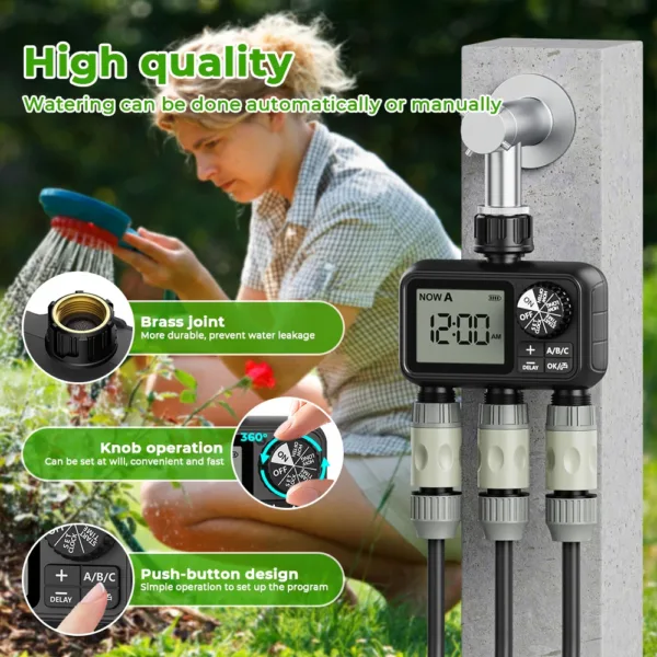 Timer per Irrigazione Eshico a 3 Zone con Connettore in Ottone, Manopola, Funzione Smart Rain Delay, Ampio Display, IPX5, Usi Multipli, Irrigazione a Tempo Preattinto
