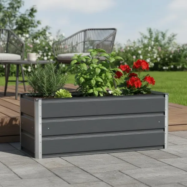 Fioriera in acciaio antracite 100x40x45 cm per interni ed esterni, vaso da giardino rettangolare dal design industriale per patio