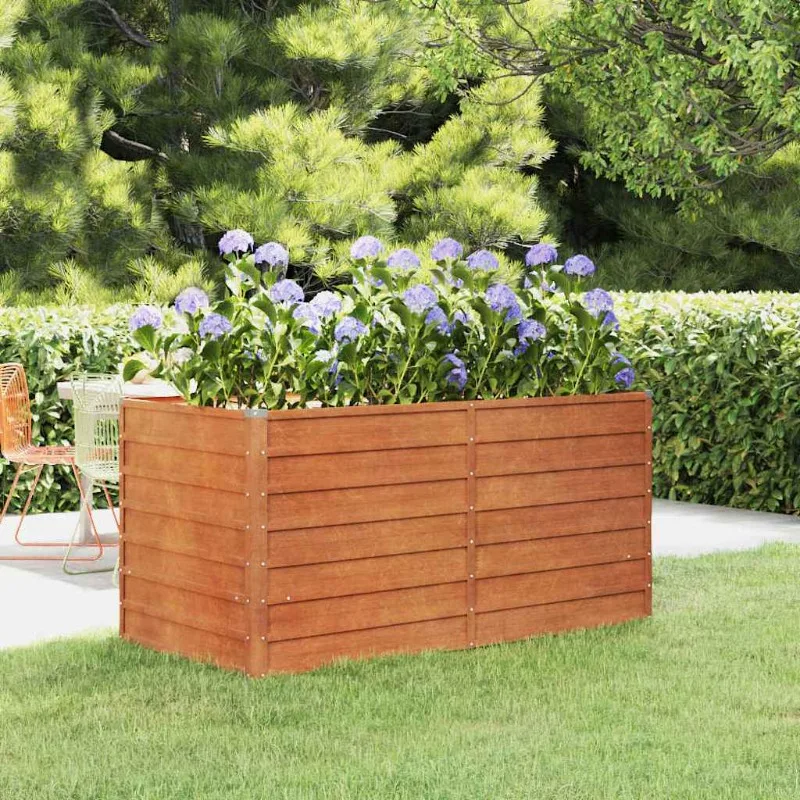 Sb73f6070a8ec41cfb50a1ccff716e35ay.webp Lettino rialzato da giardino 160x80x77 cm in acciaio Corten effetto ruggine, con fioriera per orto esterno