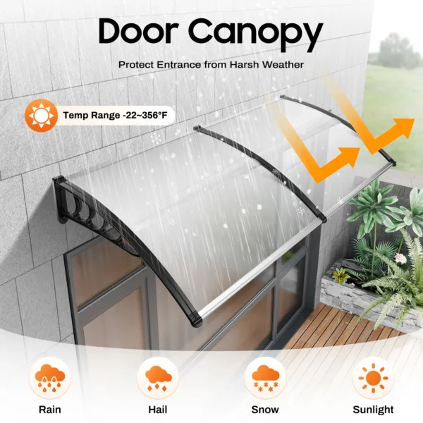Tettoia per Porta 200x93cm, Tettoia in Policarbonato, Tenda Parasole, Copertura Antipioggia con Telaio in Polipropilene per Porte e Finestre di Negozi