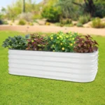 Letto da giardino rialzato in acciaio zincato 195x60x43 cm Grande fioriera ovale Facile montaggio Stile moderno Bianco Grigio chiaro per esterni