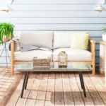 Outsunny Tavolino da Giardino in Resina con Piano in Vetro Temperato da 5 mm, Tavolino Laterale per Terrazza, Patio, Balcone, Esterno, Struttura in Acciaio 110x60x40 cm, Aspetto Naturale