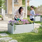 WOLTU Giardino Letto Sollevato in Acciaio Balcone Scatola di Fiori Piantare Vaso di Fiori Fioriera per Esterni Scatola Antiruggine Argento per Verdure Piante