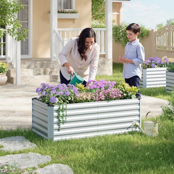 WOLTU Giardino Letto Sollevato in Acciaio Balcone Scatola di Fiori Piantare Vaso di Fiori Fioriera per Esterni Scatola Antiruggine Argento per Verdure Piante