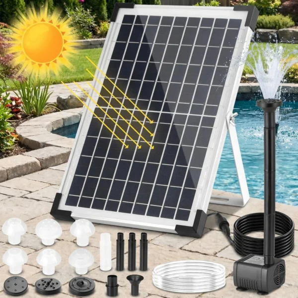 Pompa Solare per Laghetto 12W, 190L/h, Fontana Solare con Pannello Filtrante, Pompa Acqua Alimentata a Energia Solare per Giardino, Piscina, Laghetto, Acquario, 9 Ugelli