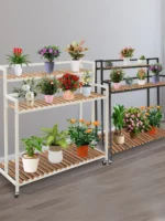 Scaffale per piante Supporto per piante a 3 livelli Supporto per fiori mobile 100×40×102 cm per balconi, giardini 4* Ruote universali