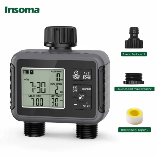 Timer per irrigazione Insoma a 2 zone IPX5 con ritardo pioggia, controller per risparmio idrico per prato, giardino e sistemi a goccia