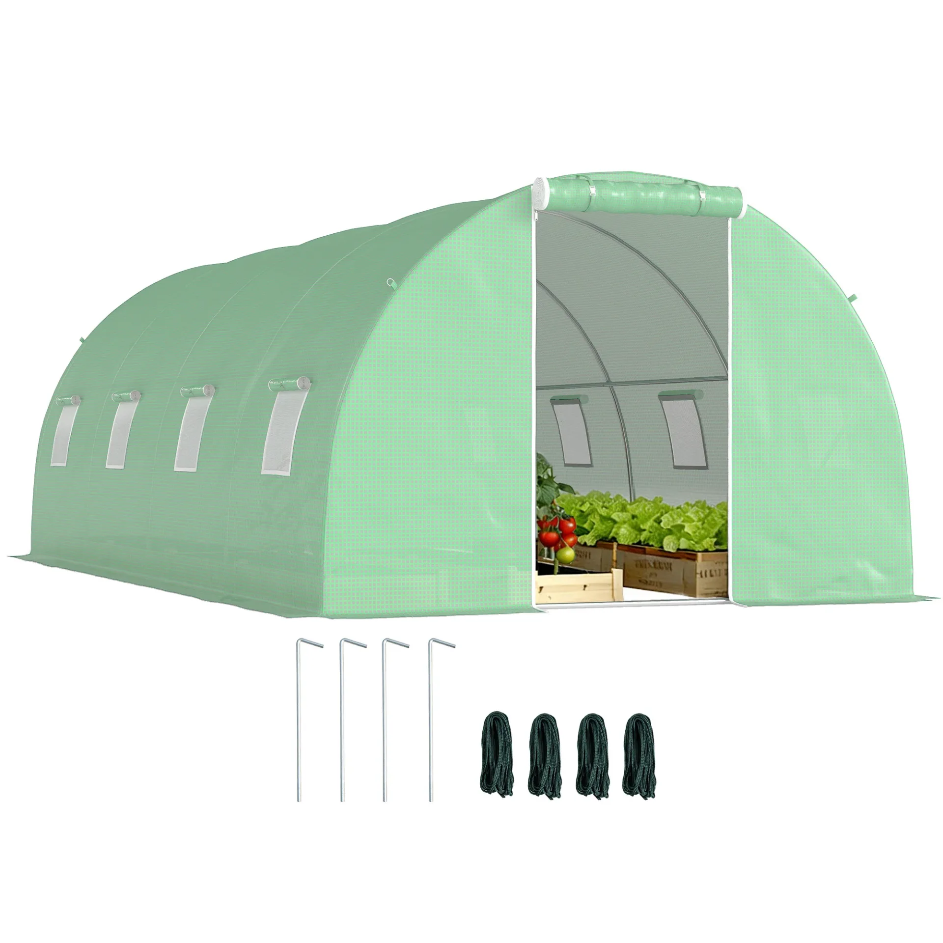 Sde62a5e8dc8644b1bfea2ff062ede815z.webp Outsunny Tunnel serra da giardino 18 mq dim. 6L x 3l x 2H m - 8 finestre, porta con cerniera, telaio avvolgibile in acciaio zincato, telone in PE verde