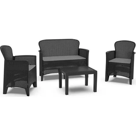 Dmora - Set salotto da esterno Anny, Set da giardino, Salottino effetto rattan, 1 divano, 2 poltrone e 1 tavolino contenitore, Antracite