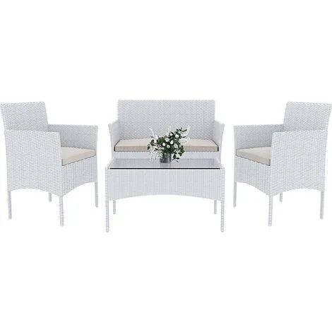 Arreditaly Set Di Mobili da Giardino Salotto Salottino in Rattan 4 Posti con Tavolino E Ripiano In Vetro 2 Poltrone e Divano 2 Posti Per Giardino Esterno Piscina Cuscini Sfoderabili -